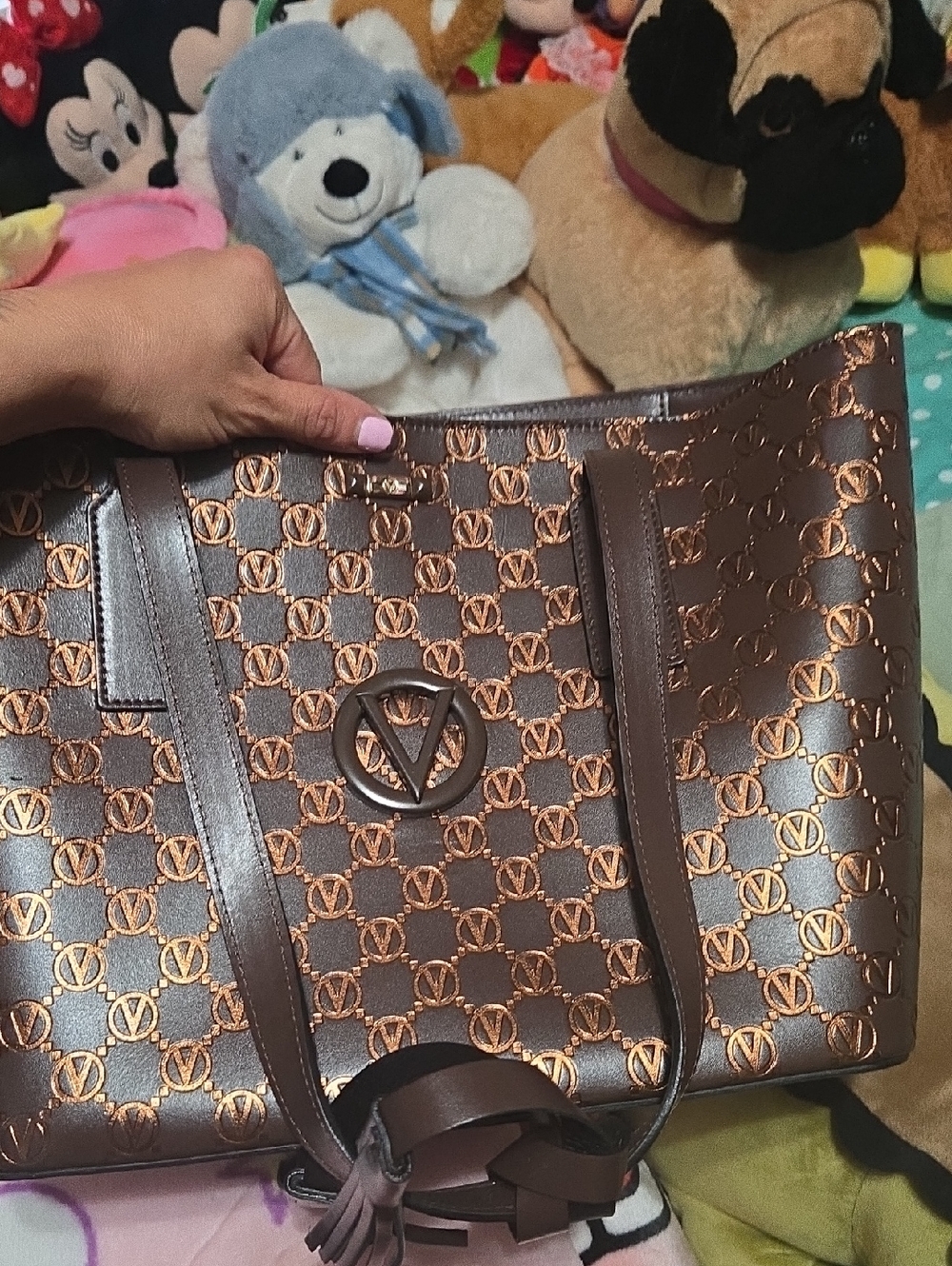 Valentino Brown Logo Monogram Tote with Gold Accents